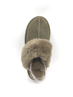 Women Warm Platform Mule Slides, Cow Suede, Real Wool Lining, Light EVA Chunky Sole, Elastic Heel Strap Winter House Slippers