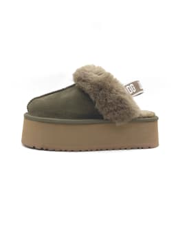 Women Warm Platform Mule Slides, Cow Suede, Real Wool Lining, Light EVA Chunky Sole, Elastic Heel Strap Winter House Slippers