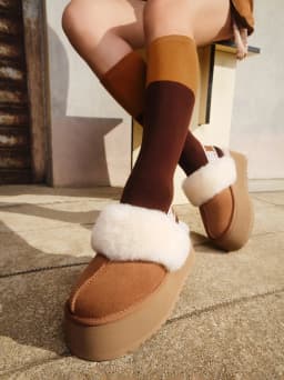 Women Warm Platform Mule Slides, Cow Suede, Real Wool Lining, Light EVA Chunky Sole, Elastic Heel Strap Winter House Slippers