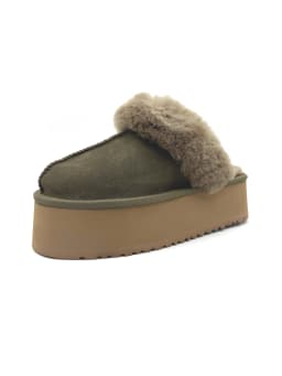 Women Warm Platform Mule Slides, Cow Suede, Real Wool Lining, Light EVA Chunky Sole, Elastic Heel Strap Winter House Slippers