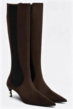 2026 New Low Heel Knee High Boots with Pointed Kitten Heels and Elastic Fabric Autumn and Winter Fashionable Mid Length Boots