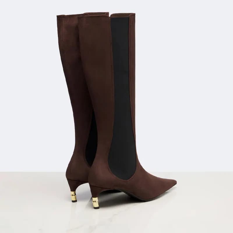 2026 New Low Heel Knee High Boots with Pointed Kitten Heels and Elastic Fabric Autumn and Winter Fashionable Mid Length Boots