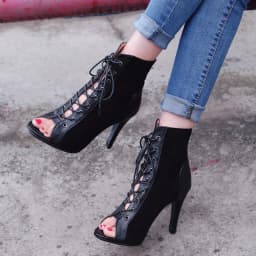 Black Summer High Heels Ankle Boots For Women 2026 Spring Peep Toe Lace Up Pumps Party Jazz Dance Shoes Suede Ladies Large Size