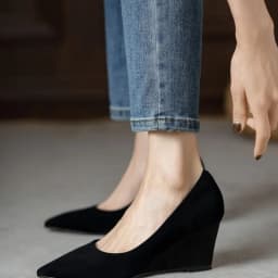 FHC Spring Sheepskin Leather Wedges Shallow Shoes,Women Pumps,High Heels,Slip On,Pointed Toe,Black,Dropship