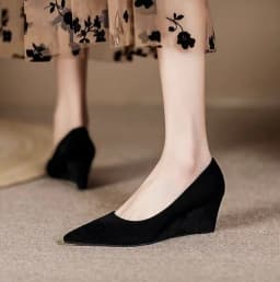 FHC Spring Sheepskin Leather Wedges Shallow Shoes,Women Pumps,High Heels,Slip On,Pointed Toe,Black,Dropship