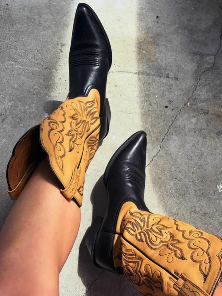 Color-blocked embroidered Cowboy boots women's pointy toe leather low heels pull on mid calf boot luxury designer causal dress