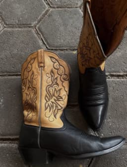 Color-blocked embroidered Cowboy boots women's pointy toe leather low heels pull on mid calf boot luxury designer causal dress