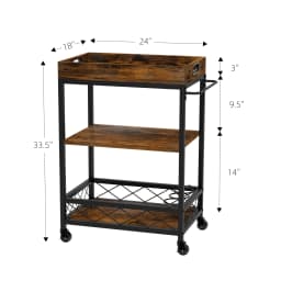 3 Tier Rolling Kitchen Cart Serving Trolley with Wine Rack Glasses Holder Portable Trays Industrial Style Storage Organizer