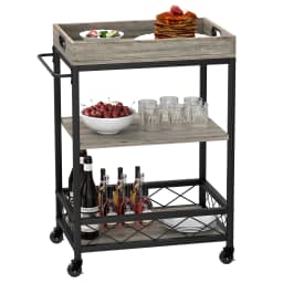 3 Tier Rolling Kitchen Cart Serving Trolley with Wine Rack Glasses Holder Portable Trays Industrial Style Storage Organizer