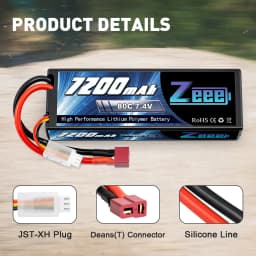 Zeee 2S 7200mAh LiPo Battery 7.4V 80C with Deans Plug for RC Car Truck Buggy Vehicle Losi Slash Helicopters RC Racing Hobby Part