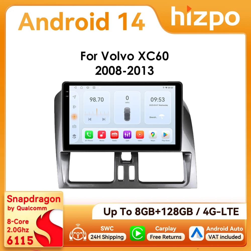 9" Hizpo 2Din CarPlay Android Auto Car Radio for Volvo XC60 2008 - 2013 BT 4G RDS DSP GPS SWC Snapdragon 6115 360°CAM