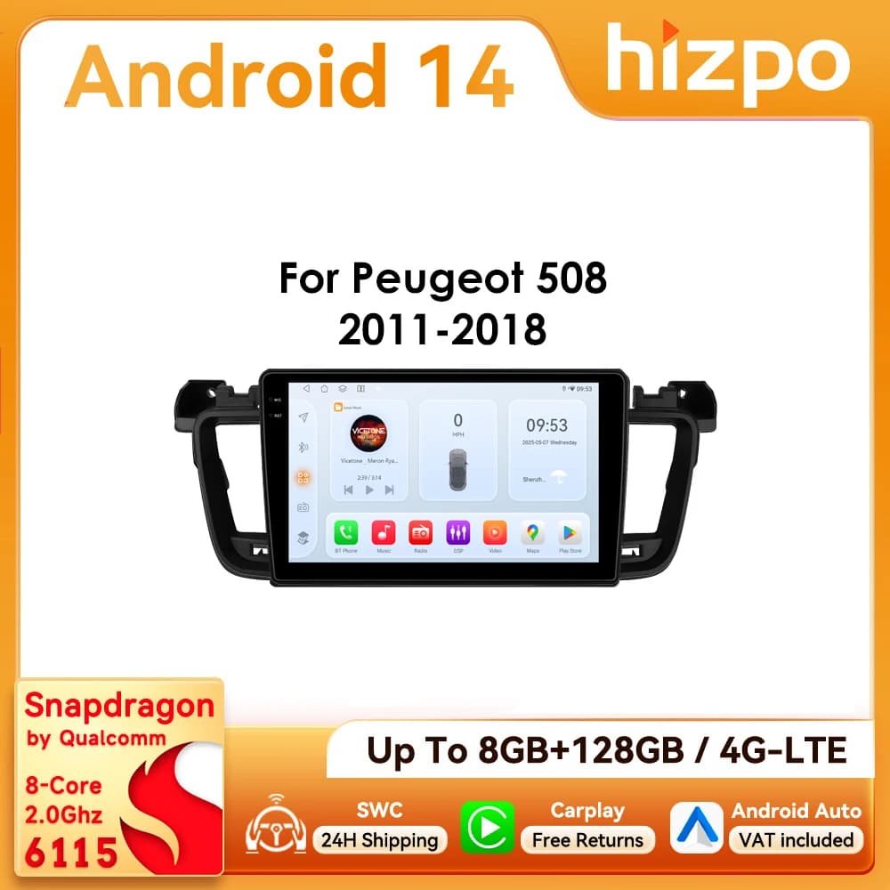 Hizpo 2Din 9inch Android Car Radio for Peugeot 508 508SW 2011 - 2018 CarPlay Android Auto RDS DSP GPS Navigation Snapdragon 6115