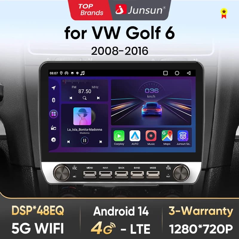 Junsun 10" Button Car Radio for VW Golf 6 2008-2016 GPS Multimedia Stereo BT FM RDS Wireless CarPlay for Apple Android Auto 4G