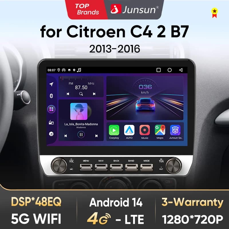 Junsun 10" Button Car Radio forCitroen C42 B7 2013-2016 GPS Multimedia Stereo  RDS Wireless CarPlay for Apple Android Auto 4G