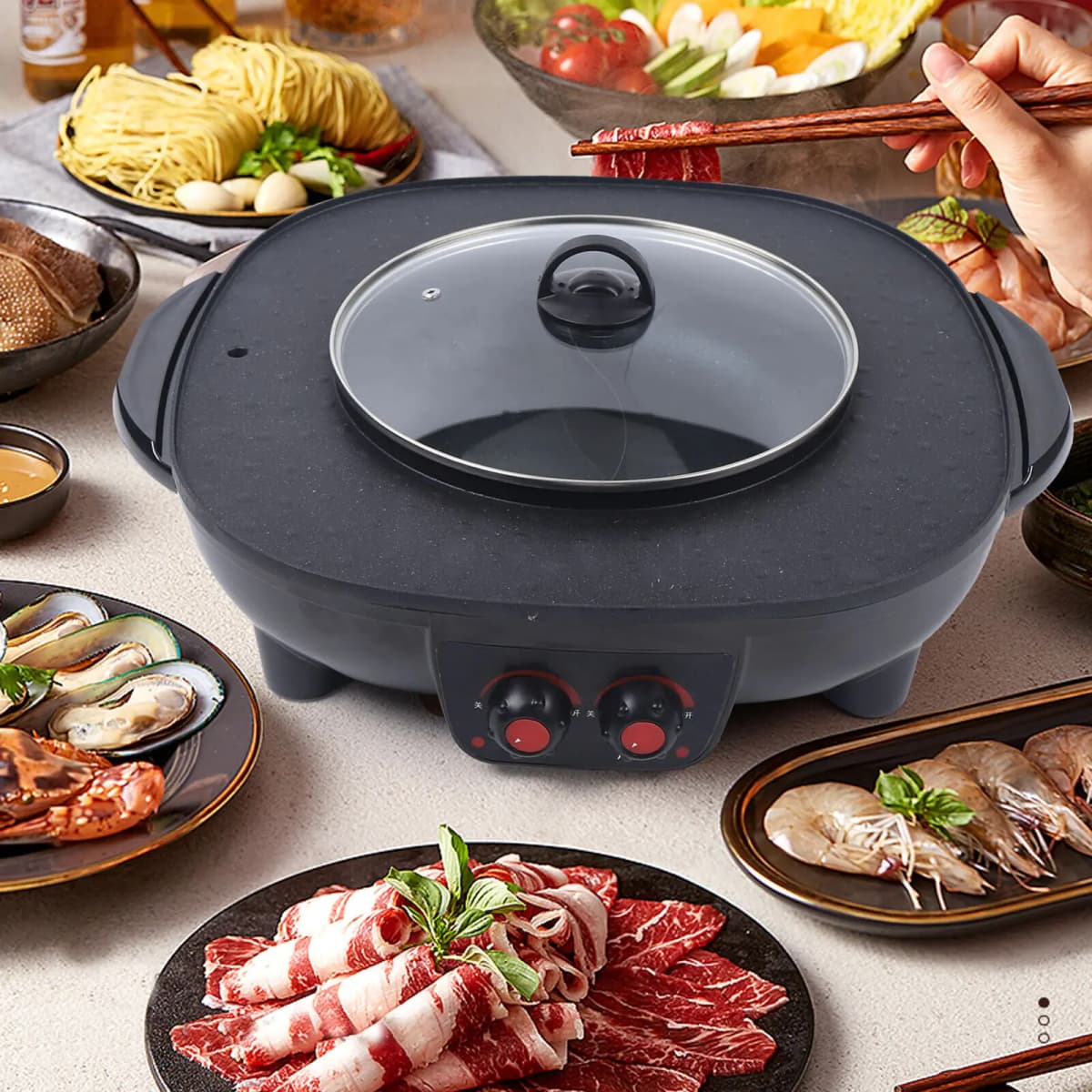 2 in 1 Hot Pot Oven Smoke Free Grill Machine Electric Hot Pot BBQ Grill Pan-