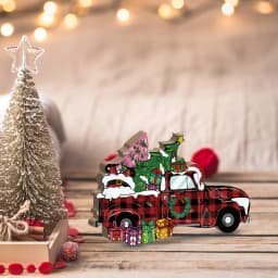 Putuo Decor Red Christmas Truck Element Wooden Table Decor, Merry Christmas, Decoration for Home Cafe Coffee Shop Bar Pub Club