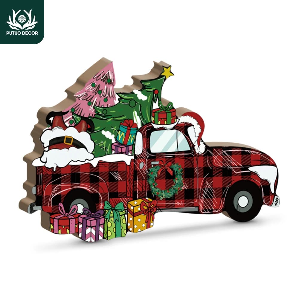 Putuo Decor Red Christmas Truck Element Wooden Table Decor, Merry Christmas, Decoration for Home Cafe Coffee Shop Bar Pub Club