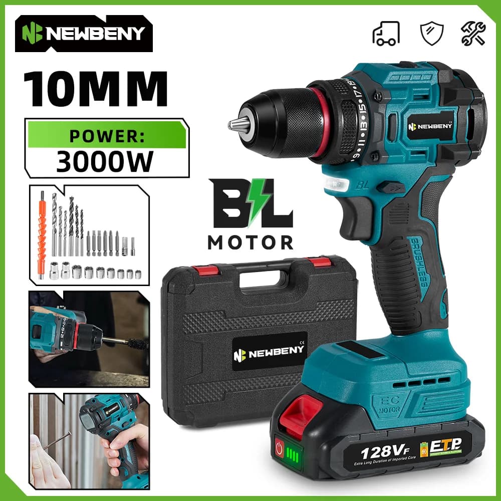 NEWBENY 10MM 3000W Brushless Electric Drill 21+2 Torque Cordless Multi-Screwdriver Home Power Tools Sets For Makita Battery Pin