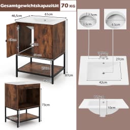 Wardrobe vanity with washbasin, bathroom wardrobe under the washbasin with ceramic basin, 2 doors and open shelf