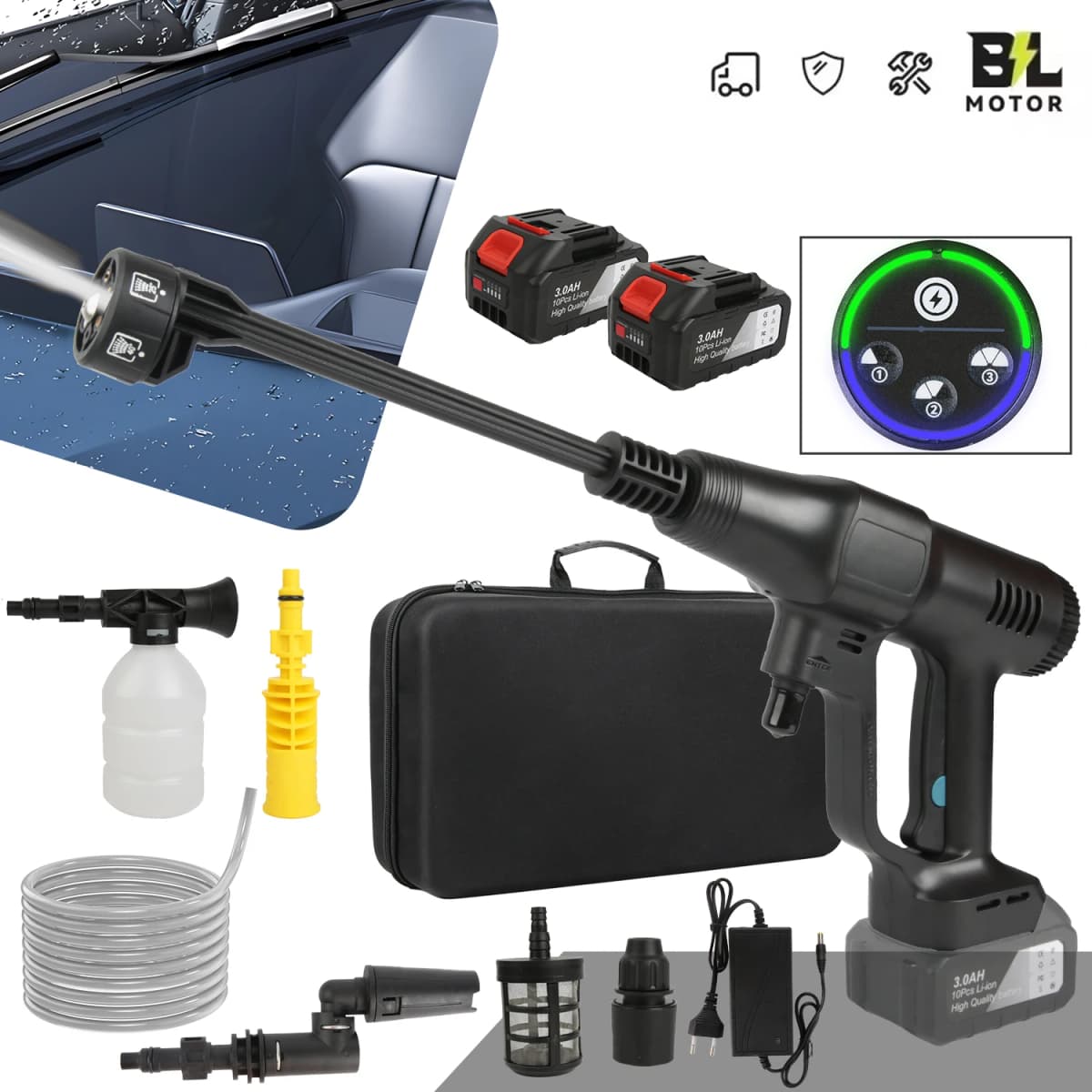 3500W 18V 200Bar Brushless High Pressure Car Wash Water Gun 6-IN-1 puzzle Cleaning Garden Washing Spray Gun With Battery