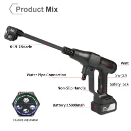 3500W 18V 200Bar Brushless High Pressure Car Wash Water Gun 6-IN-1 puzzle Cleaning Garden Washing Spray Gun With Battery