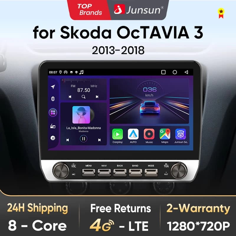 Junsun 10" Button Car Radio for Skoda Octavia 3 2013 GPS Multimedia Stereo BT FM RDS Wireless CarPlay for Apple Android Auto 4G