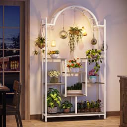 Tribesigns 5-Tier Tall Indoor Plant Stand, 74.8'' Arched Metal Flower Shelf with Hanging Hooks, Large Bonsai Pots Display Rack