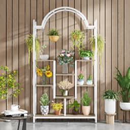 Tribesigns 5-Tier Tall Indoor Plant Stand, 74.8'' Arched Metal Flower Shelf with Hanging Hooks, Large Bonsai Pots Display Rack