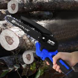 21V Brushless Cordless Chainsaw 6 Inch, Handheld SAW, 1 x 1.5Ah Battery, Fast Charger, 2 Chains, Guide Plate, Safety Lock