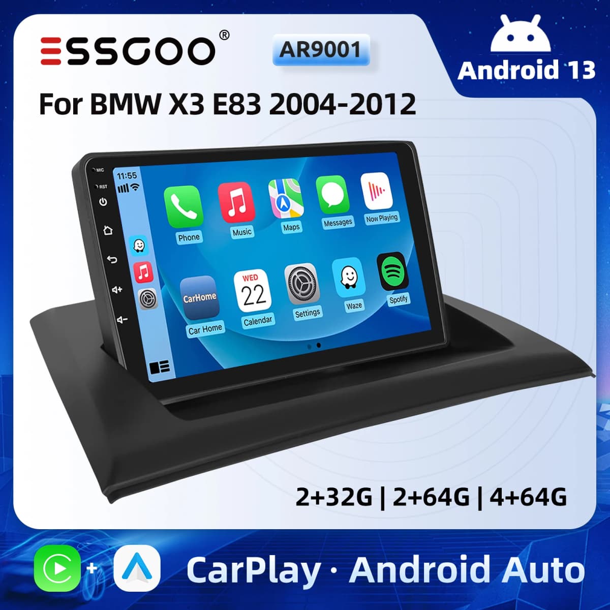 ESSGOO 9" Android 13 Car Stereo Radio Wireless Carplay/Android Auto Touchscreen GPS Nav Bluetooth RDS For BMW X3 E83 2006-2010