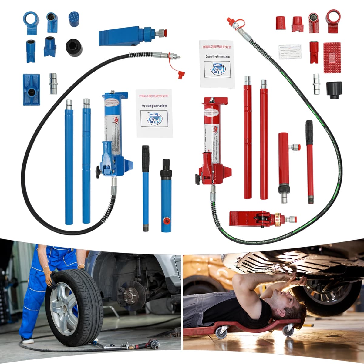 4T Hydraulic Jack Kit Hydraulic Split Jack Body Frame Repair Tool for Private Garages Car Repair Shops Red/Blue