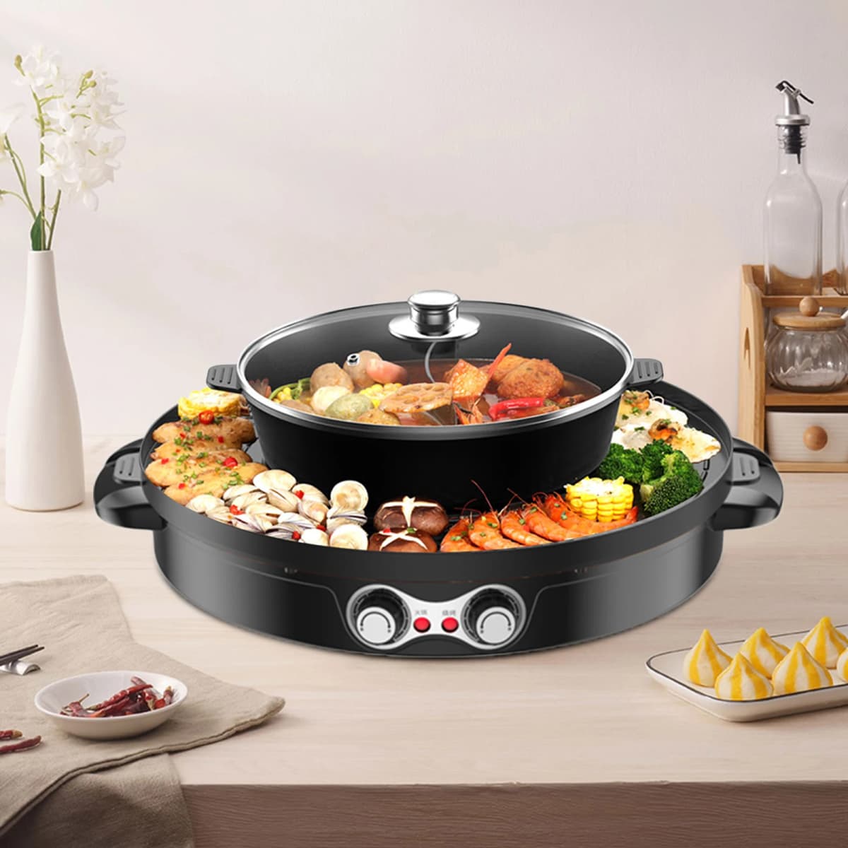 Hot Pot Electric Hotpot 2 In 1 Grill and Hotpot Multifunction Double Electric Pot BBQ Grill Pan for Family Dining and Parties