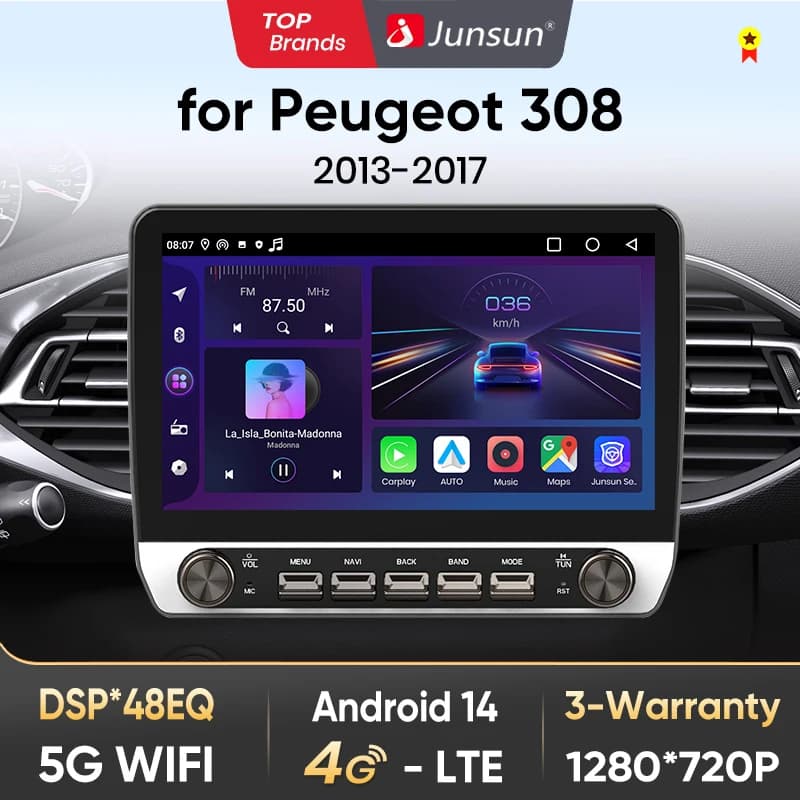 Junsun 10" Button Car Radio for Peugeot 308 2013-2017 GPS Multimedia Stereo BT FM RDS Wireless CarPlay for Apple Android Auto 4G