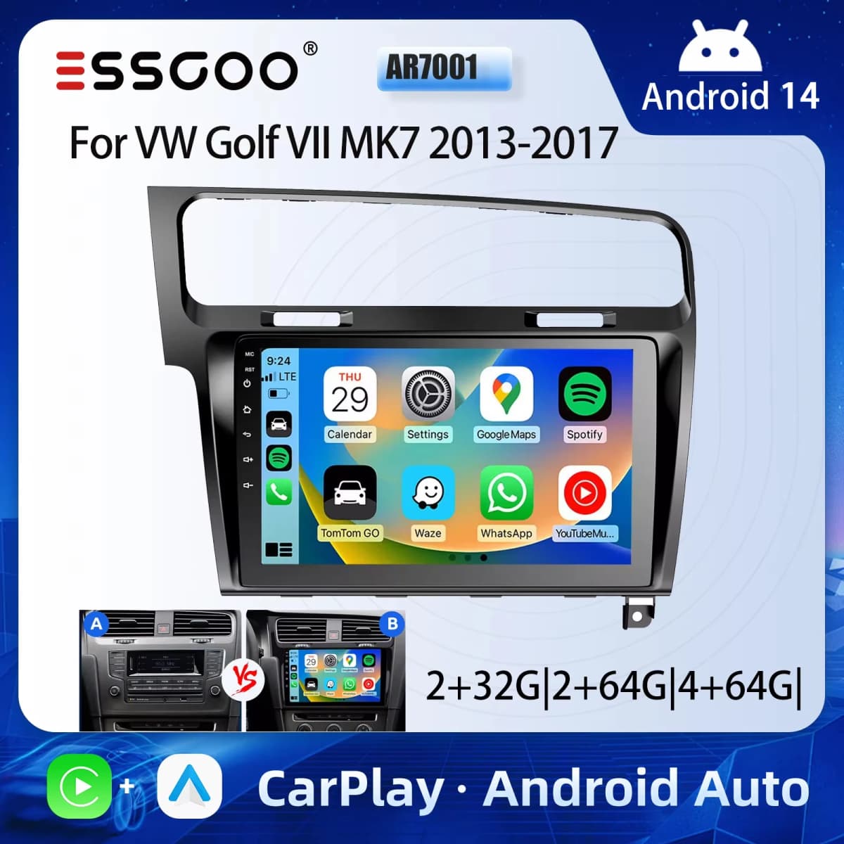 ESSGOO 10" Android 14 4 Core Car Stereo Radio GPS Navi For Volkswagen VW Golf 7 MK7 VII 2013-2017 Carplay Car WIFI USB BT FM RDS