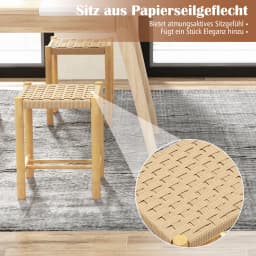 2 Set bar stool Wood, bar chair seat height 45 cm with footrest, braided paper kitchen chair counter stool bistro stool