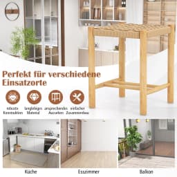 2 Set bar stool Wood, bar chair seat height 45 cm with footrest, braided paper kitchen chair counter stool bistro stool