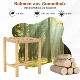 2 Set bar stool Wood, bar chair seat height 45 cm with footrest, braided paper kitchen chair counter stool bistro stool