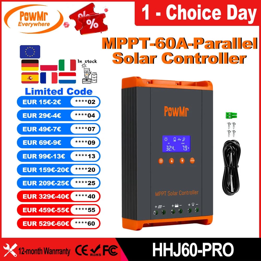 PowMr 60A MPPT Solar Charge Controller 3 Stages Charging for 12V 24V 36V 48V Battery 160VDC Solar Panel Can Parallel 12 Units