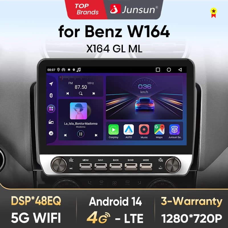 Junsun 10" Button Car Radio for Mercedes-Benz ML-ClassGPS Multimedia Stereo BT FM RDS Wireless CarPlay for Apple Android Auto 4G