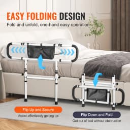 SucceBuy Bed Rails for Elderly Adults Foldable Bed Assist Rails for Seniors Loading Bed Side Rails Bed Cane w/ Adjustable Handle