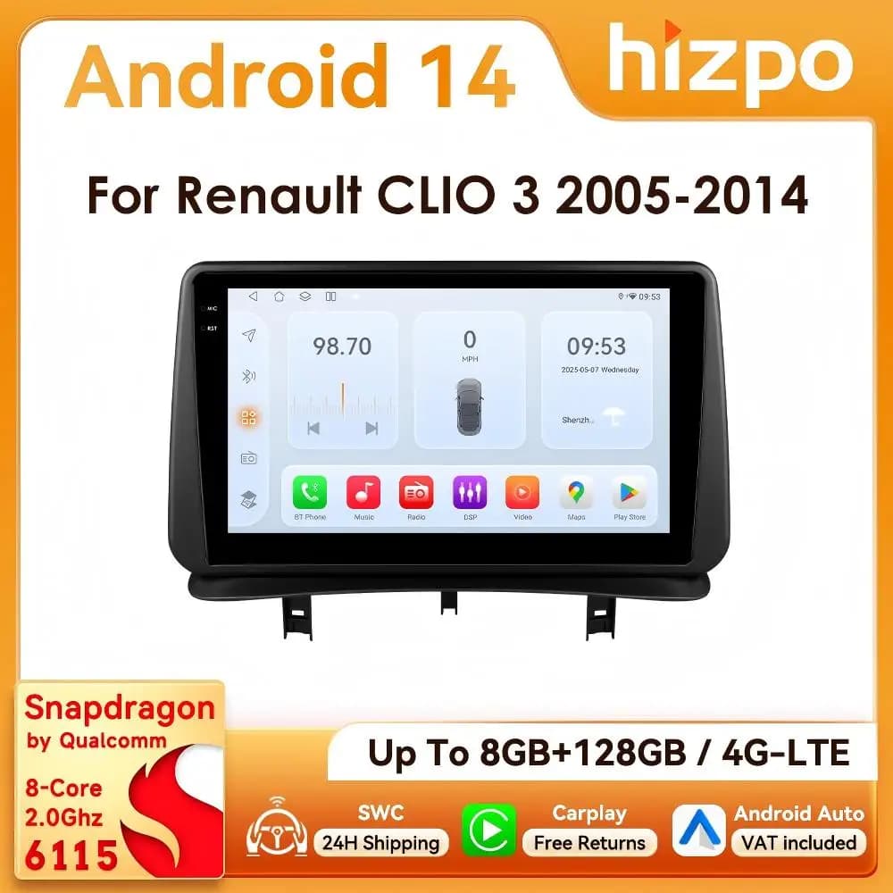 9" Hizpo 2Din Android Car Radio for Renault Clio 3 2005 - 2014 Snapdragon 6115 Headunit RDS DSP 4G Auto CarPlay GPS Navigation