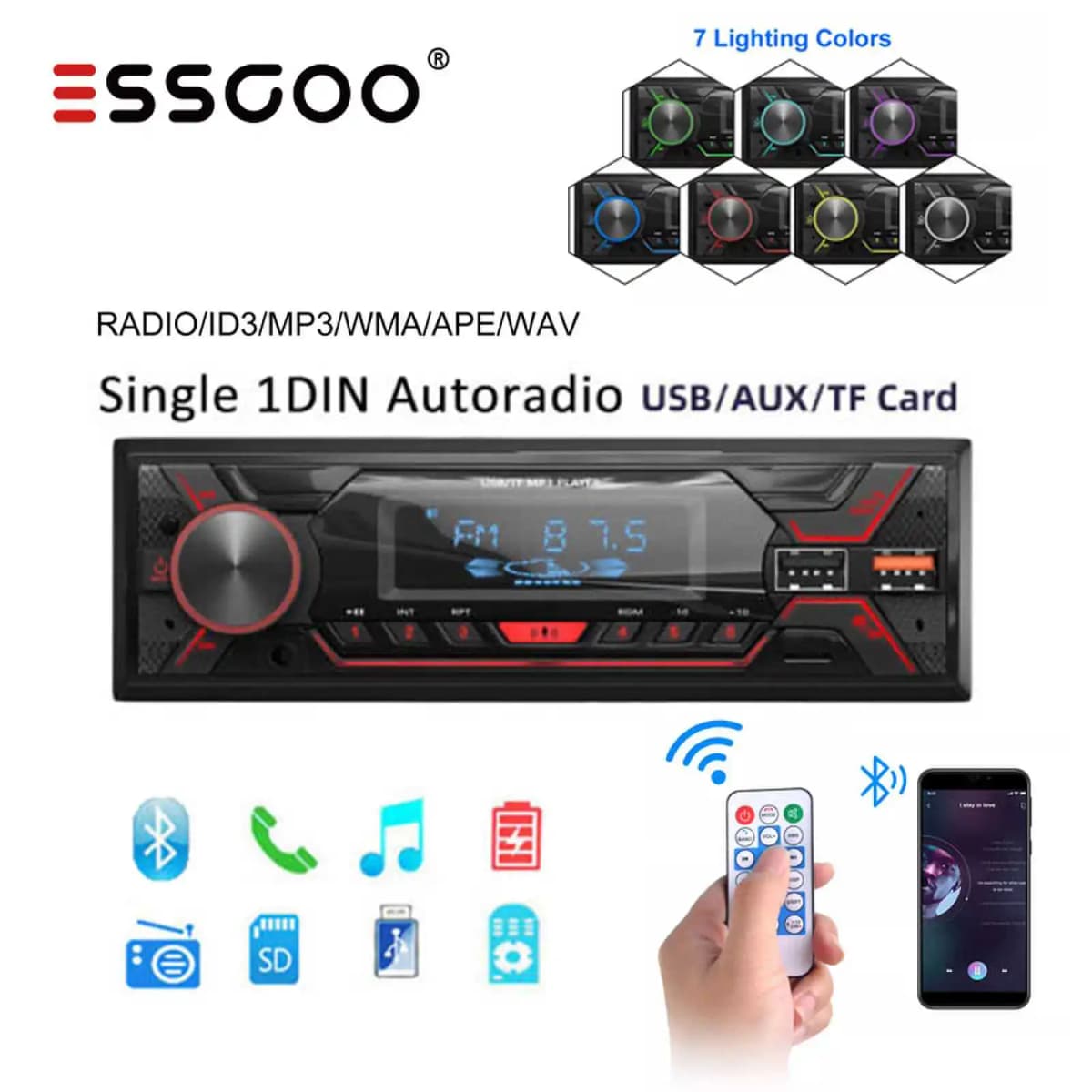 ESSGOO Car Stereo Radio Single 1Din Auto Stereo HandsFree Car Kit Bluetooth Car Autoradio Remote Control MP3 Player FM Car Audio