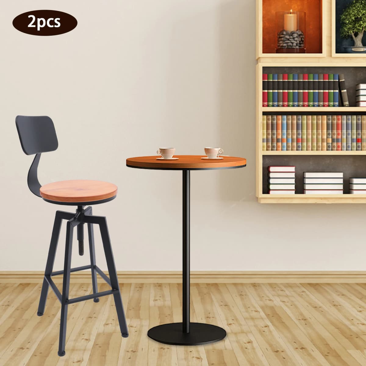 Set of 2 Bar Stools Kitchen Chairs Industrial Design Wood and Metal Adjustable Height: 64-84 Cm