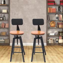 Set of 2 Bar Stools Kitchen Chairs Industrial Design Wood and Metal Adjustable Height: 64-84 Cm