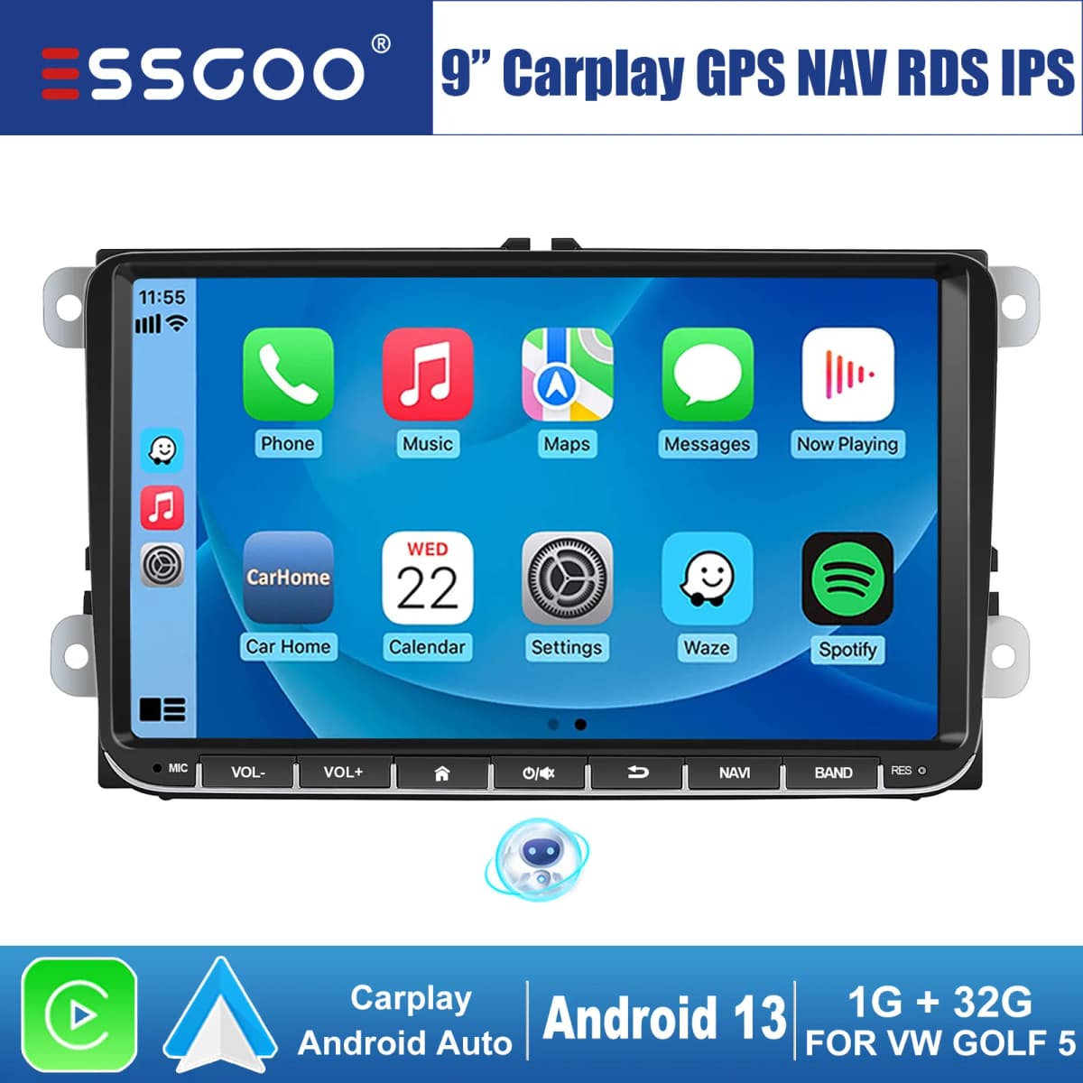ESSGOO 9" Android 13 CarPlay Radio Car Stereo GPS Navigation WIFI RDS FM for VW Golf 5 6 Passat B6 B7 Polo Touran Tiguan Caddy