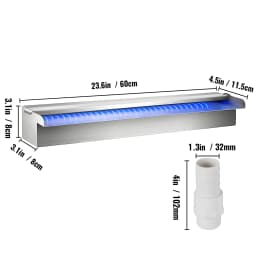 SucceBuy Pool Fountain Stainless Steel Pool Waterfall 23.6" x 4.5" x 3.1"(W x D x H) with LED Strip Light  Waterfall Spillway
