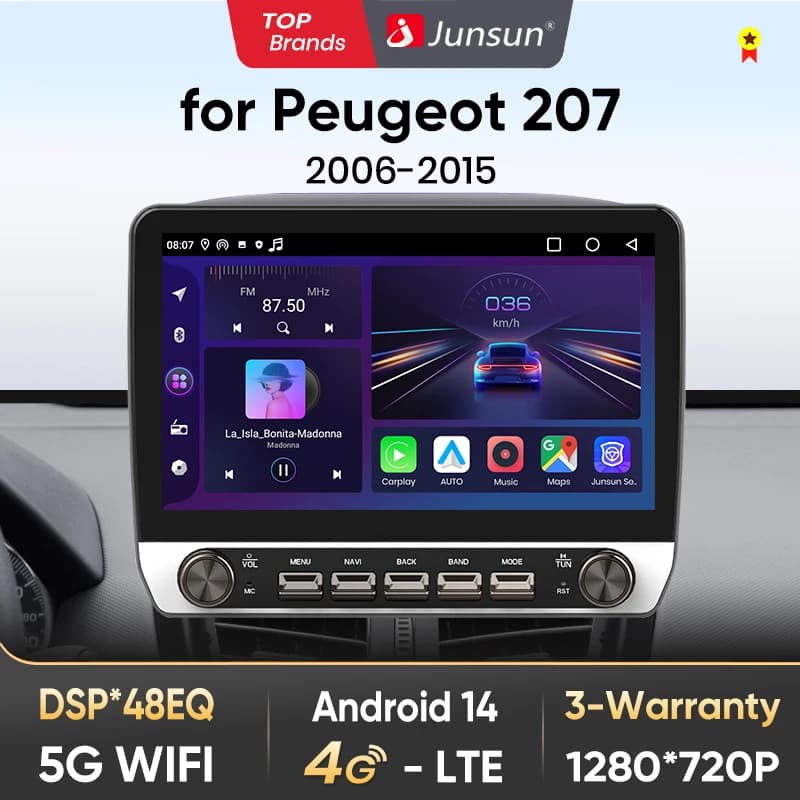 Junsun 10" Button Car Radio for Peugeot 207 2006-2015 GPS Multimedia Stereo BT FM RDS Wireless CarPlay for Apple Android Auto 4G