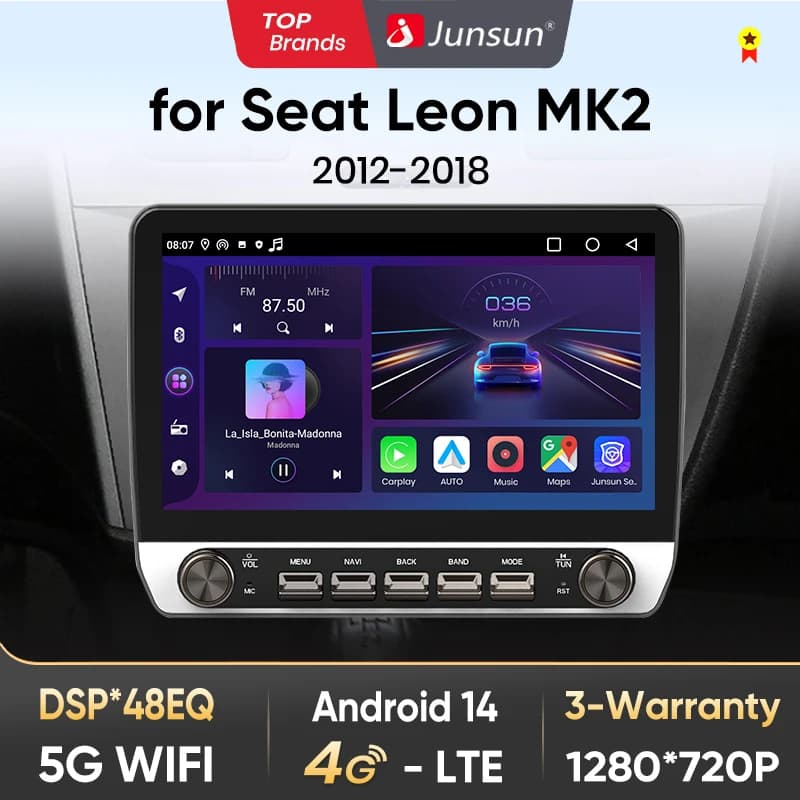 Junsun 10" Button Car Radio for Seat Leon MK2 2012-2018 GPS Multimedia Stereo FM RDS Wireless CarPlay for Apple Android Auto 4G