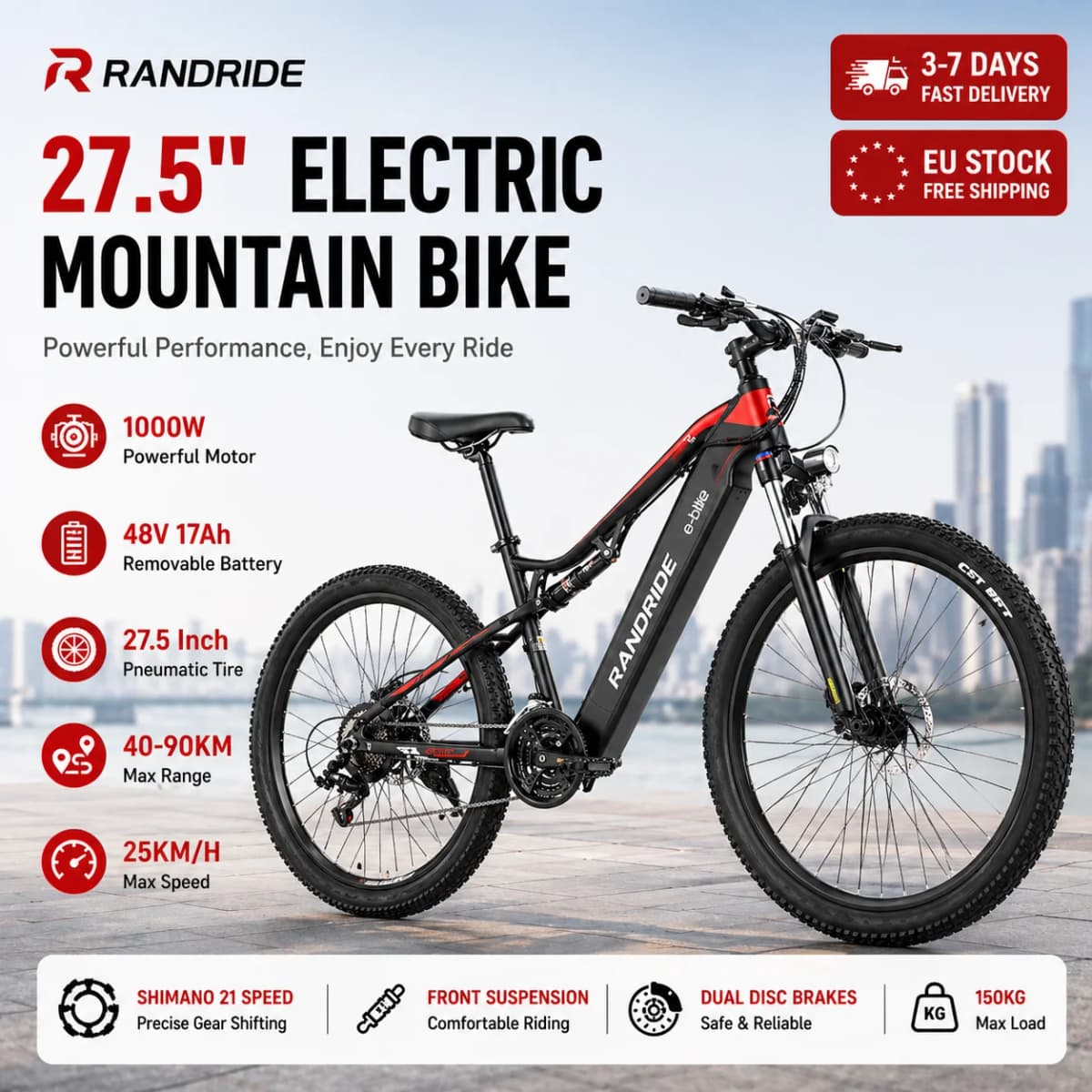 YG90 E-bike 1000W Motor 48V17AH Lithium Battery 27.5 inch All terrain Tire Electric Bicycle Hydraulic Brake Adult Electric Bike