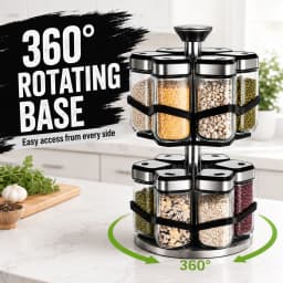 SIAZIH 2-Layer 360° Rotating Stainless Steel Spice Rack with 12 120 ml Spice Jars with Rotating Lids, for Easy Access to Spices